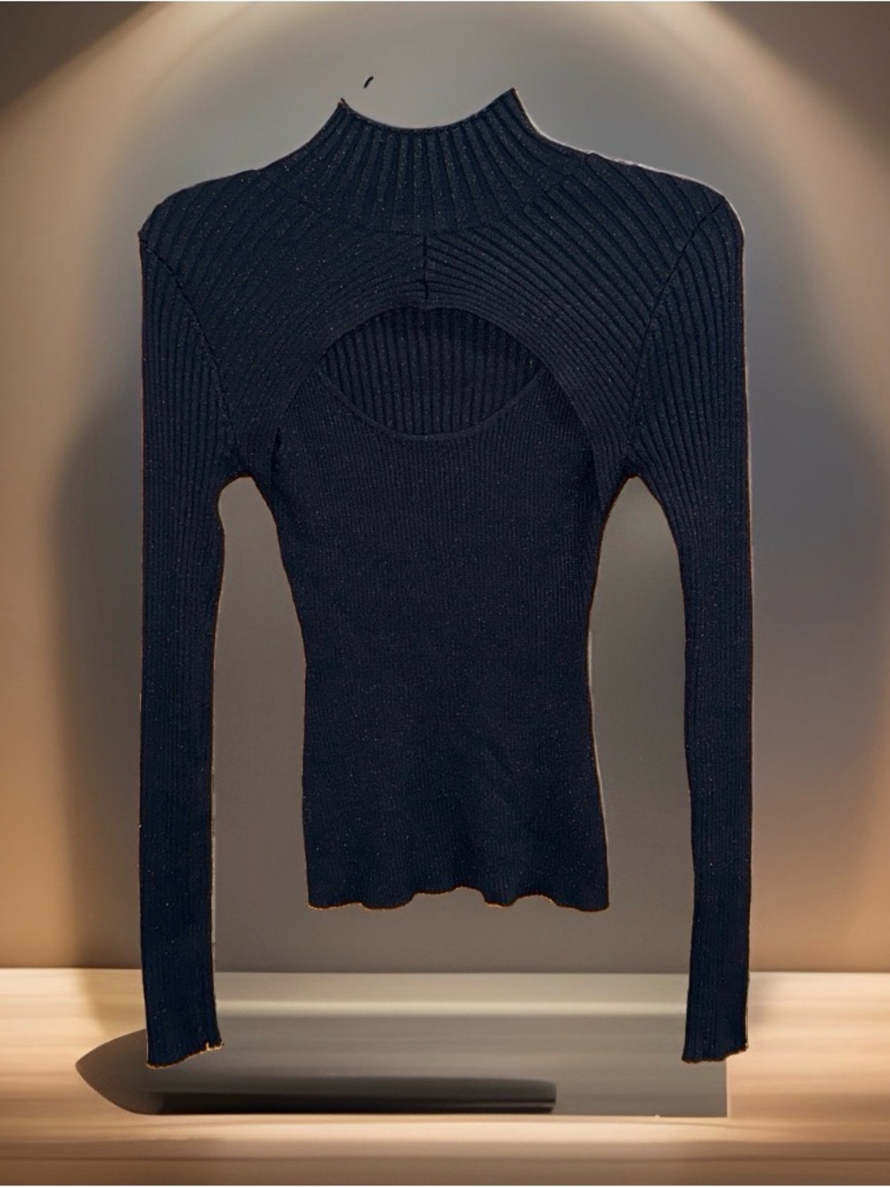 Pink Rose Black & Silver Ribbed Cutout Long-Sleeve Sweater-M-EC